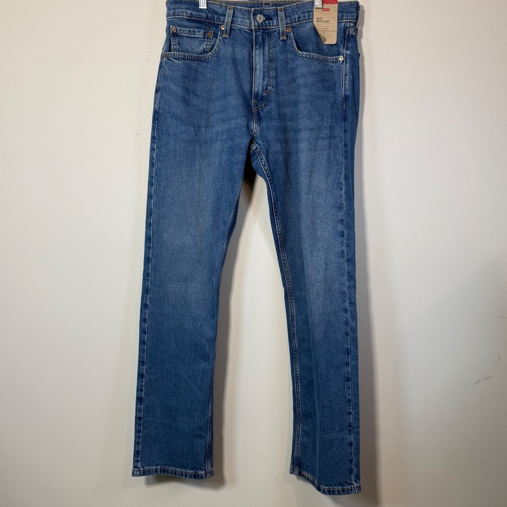 NEW Levis 505 Regular Fit Jeans Mens 32x32 Blue Stretch Straight Leg Denim